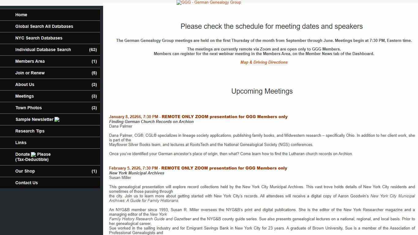 Meetings Schedule for the German Genealogy Group (GGG)