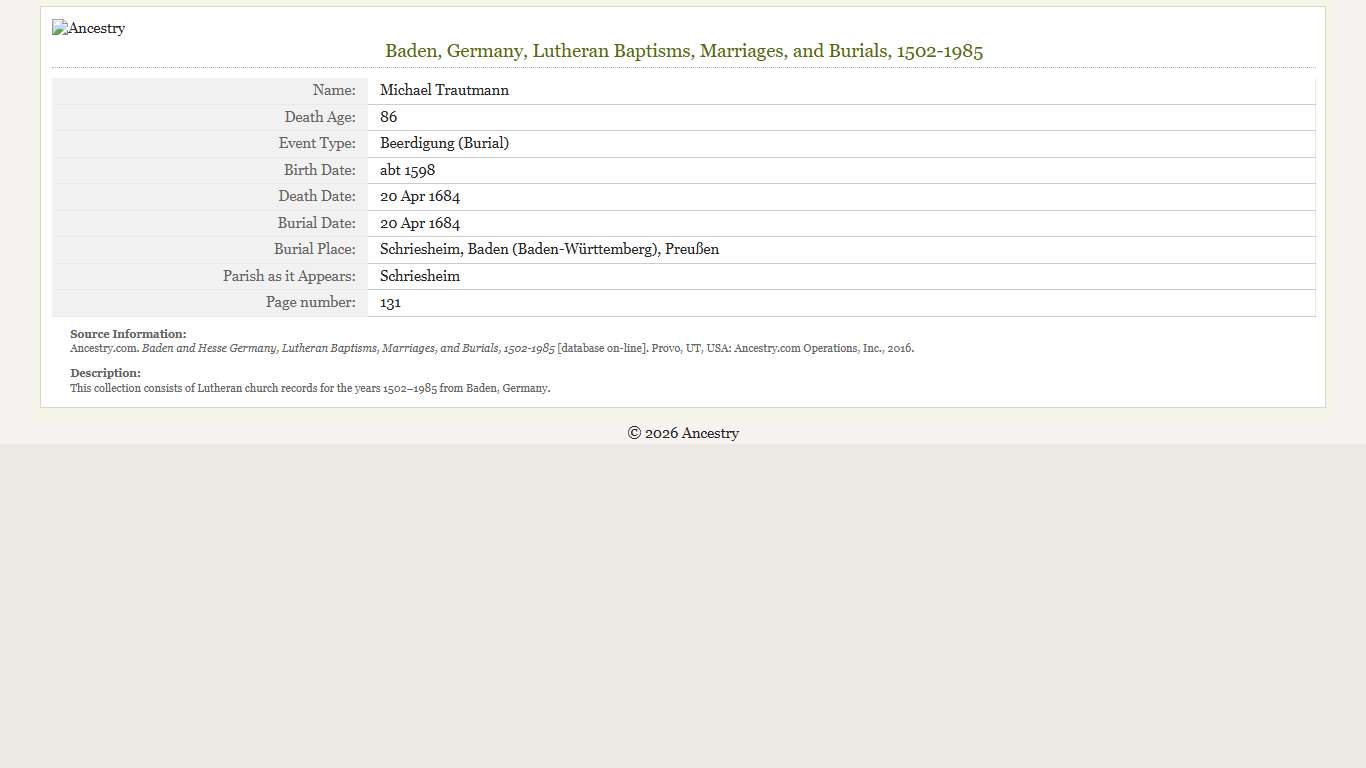 Ancestry - Print Baden, Germany, Lutheran Baptisms, Marriages, and Burials, 1502-1985